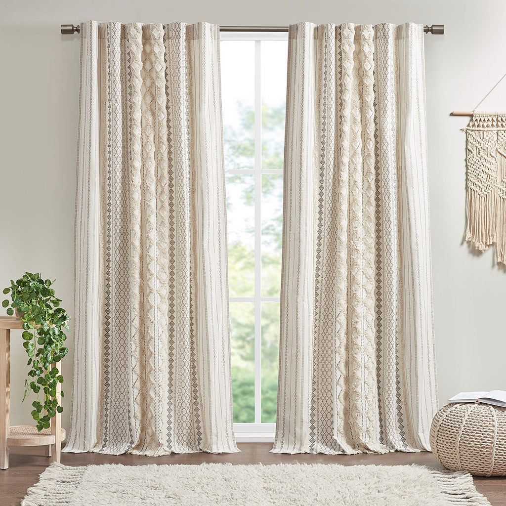 Imani Cotton Printed Window Panel with Chenille Stripe and Lining - Ivory -  84