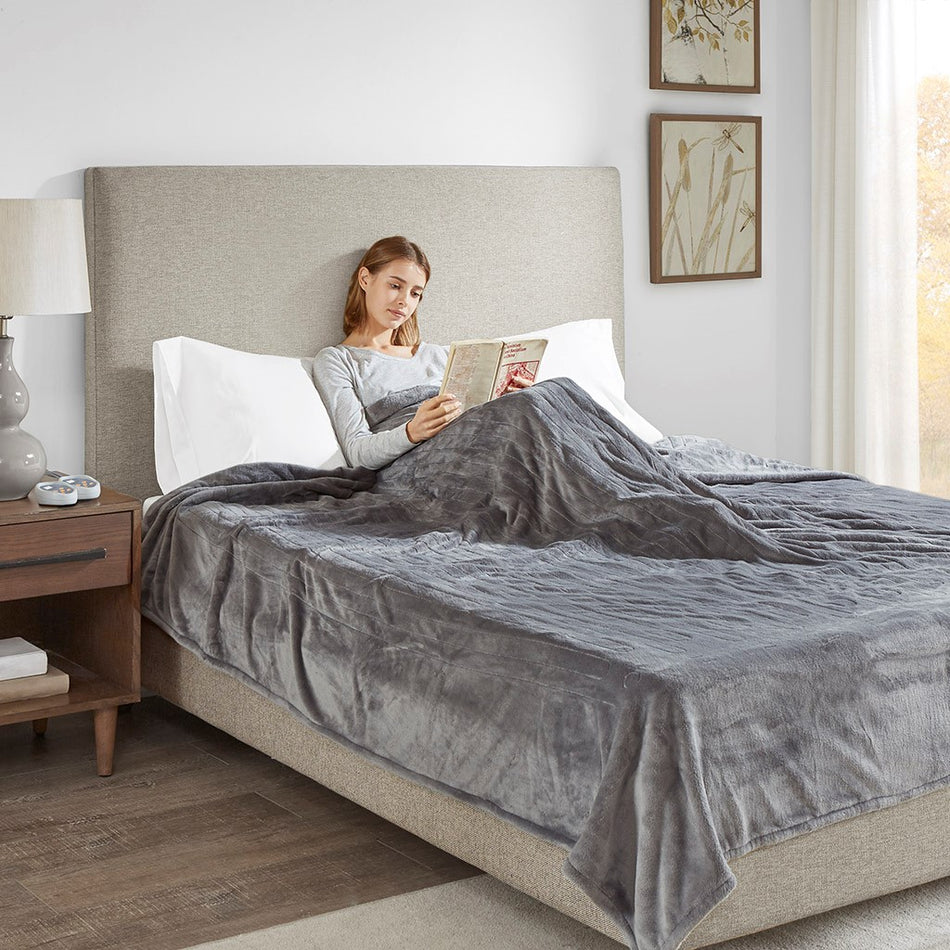 Heated Plush Blanket - Grey  - Twin Size