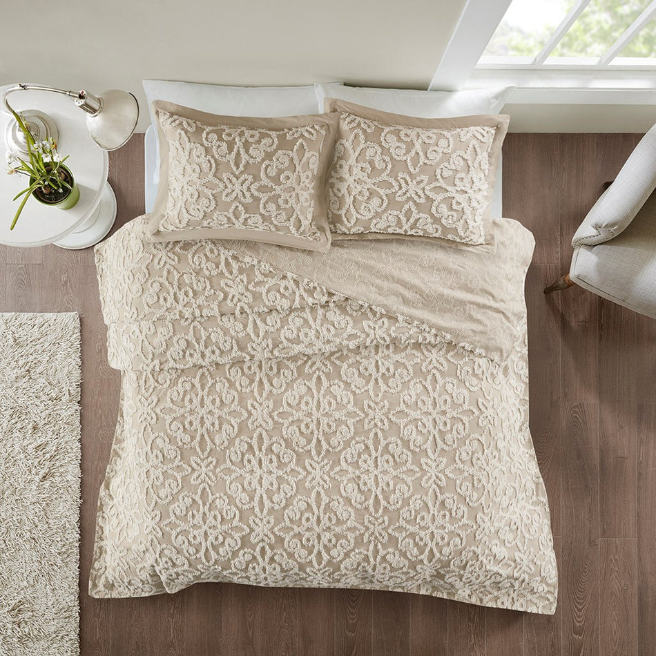 Sabrina 3 Piece Tufted Cotton Bedspread Set - Taupe - Full Size / Queen Size