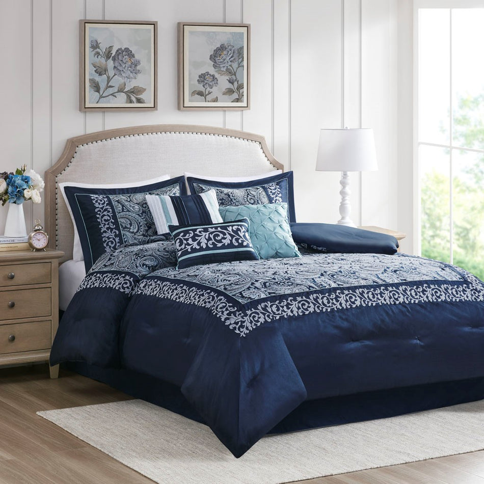 Whitney 7 Piece Jacquard Comforter Set - Navy  - Queen Size