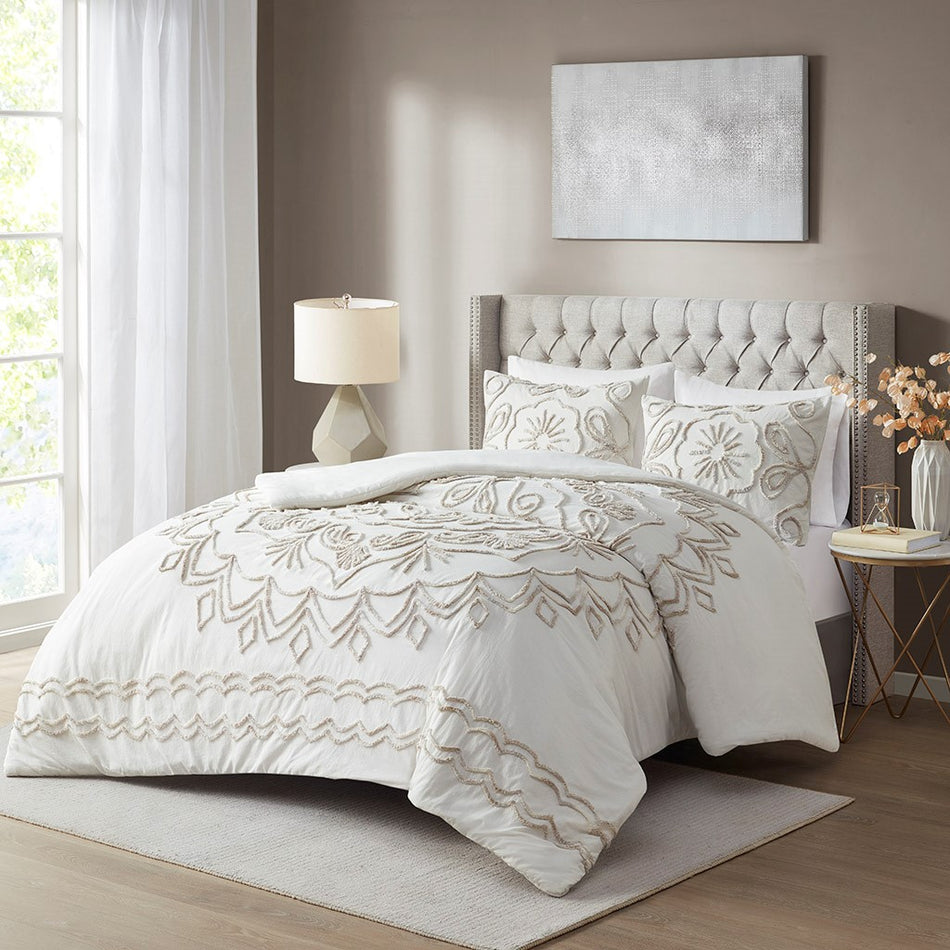 Violette 3 Piece Tufted Cotton Chenille Duvet Cover Set - Ivory / Taupe - King Size / Cal King Size