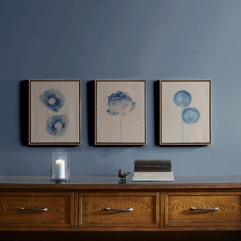 Madison Park Blue Print Botanicals Framed 3 Piece Printed Canvas On Linen - Blue