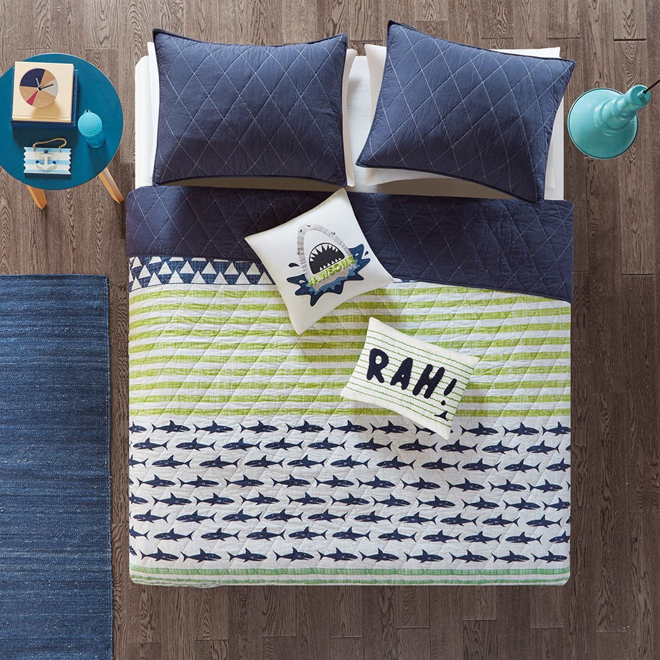 Urban Habitat Kids Finn Shark Reversible Cotton Quilt Set with Throw Pillows - Green / Navy - Twin Size