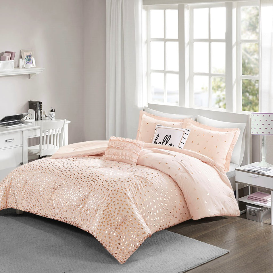 Intelligent Design Zoey Metallic Triangle Print Comforter Set - Blush / Rosegold - Twin Size / Twin XL Size