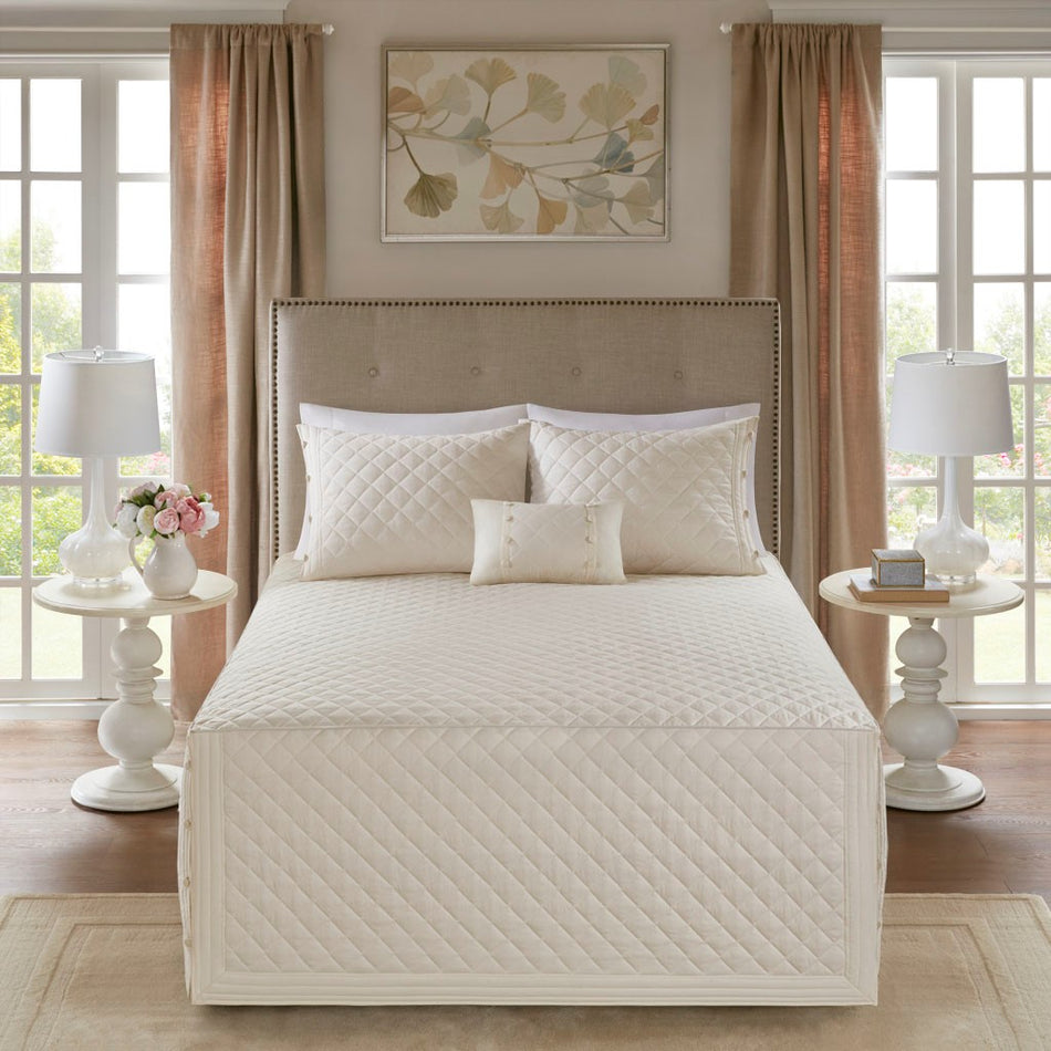 Breanna 4 Piece Cotton Reversible Tailored Bedspread Set - Ivory - Queen Size