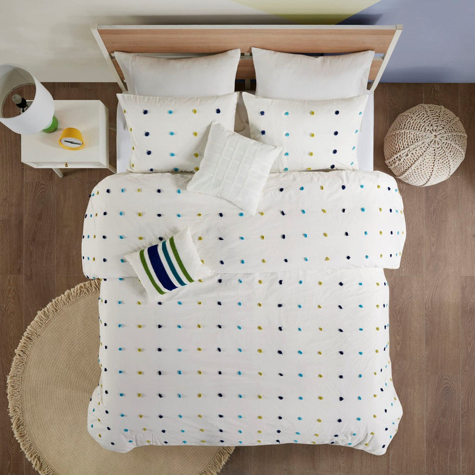 Callie Cotton Jacquard Pom Pom Comforter Set - Green / Navy - Twin Size