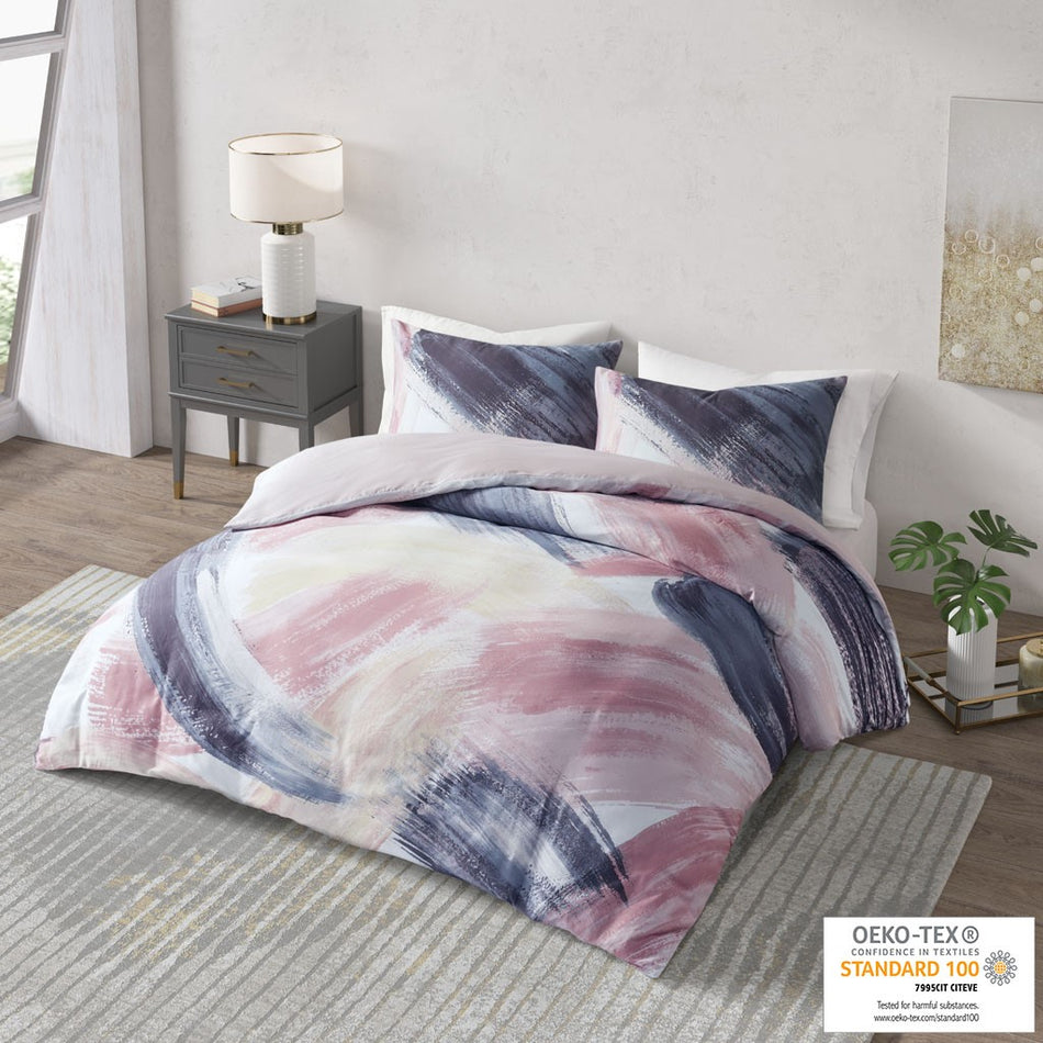 CosmoLiving Andie Cotton Printed Duvet Cover Set - Blush / Navy - King Size / Cal King Size