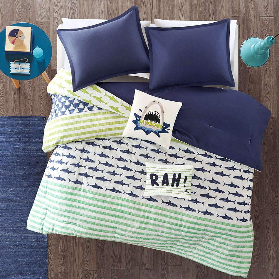 Urban Habitat Kids Finn Shark Cotton Comforter Set - Green / Navy - Twin Size