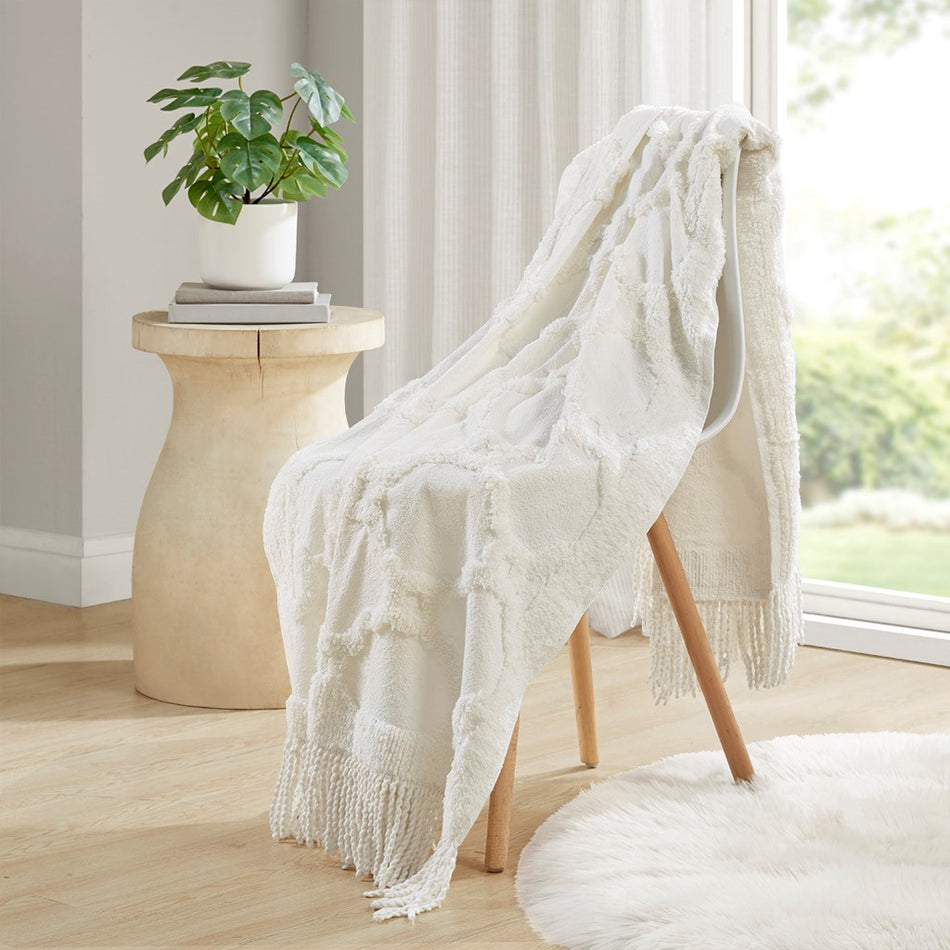 Madison Park Brianne 100% Cotton Tufted Chenille Lightweight Throw With Fringe Tassel 50" x 60" - Ivory - 50x60"