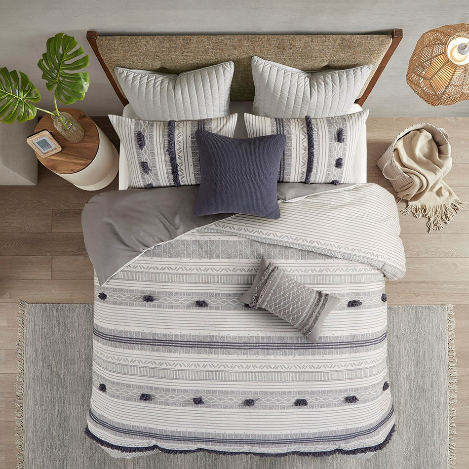 Cody 3 Piece Cotton Comforter Set - Gray / Navy - King Size / Cal King Size