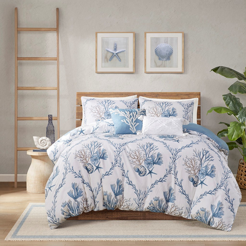 Harbor House Pismo Beach 5 Piece Cotton Duvet Cover Set with Throw Pillows - Blue / White  - Full Size / Queen Size Shop Online & Save - ExpressHomeDirect.com