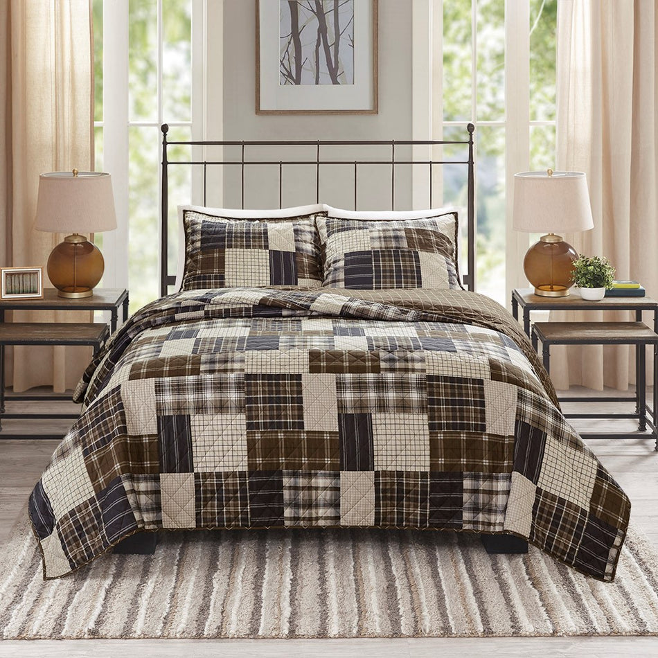 Timber 3 Piece Reversible Printed Quilt Set - Black / Brown - Full Size / Queen Size