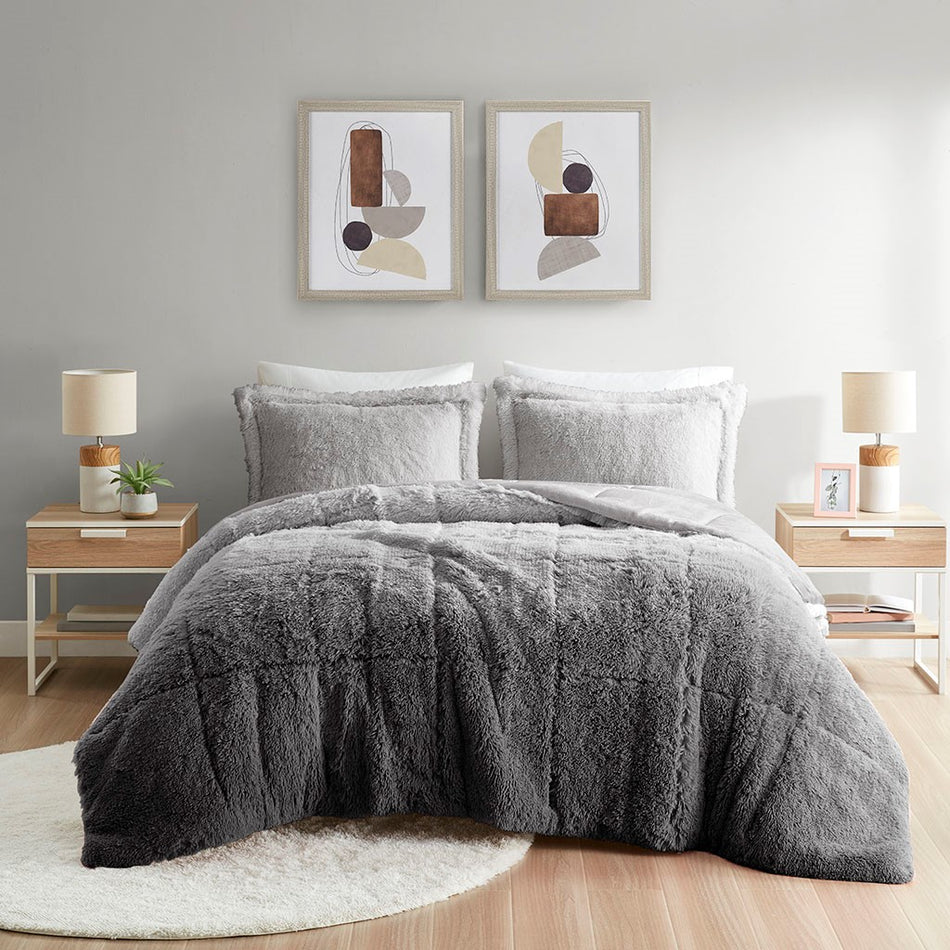 Brielle Ombre Shaggy Long Fur Comforter Mini Set - Grey - Full Size / Queen Size