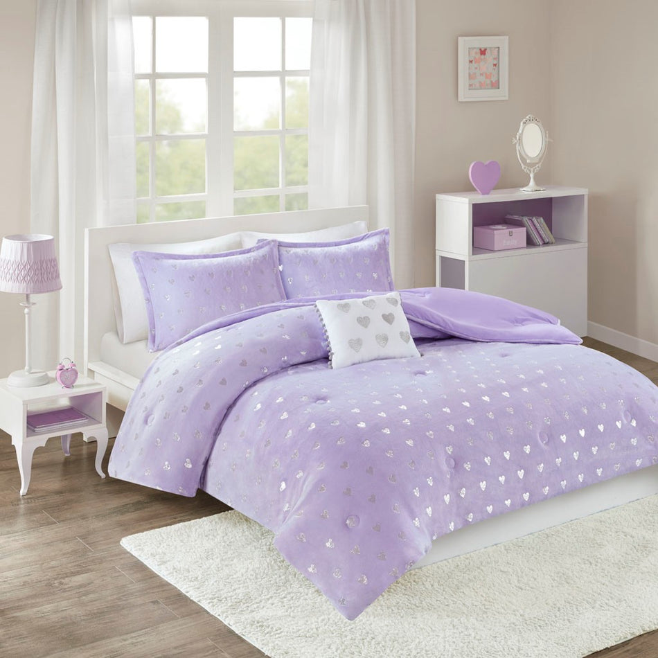 Rosalie Metallic Printed Plush Comforter Set - Purple / Silver - Full Size / Queen Size