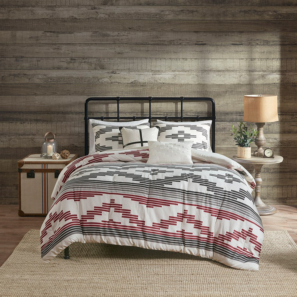 Simons 5 Piece Herringbone Oversized Comforter Set - Grey / Red - King Size / Cal King Size
