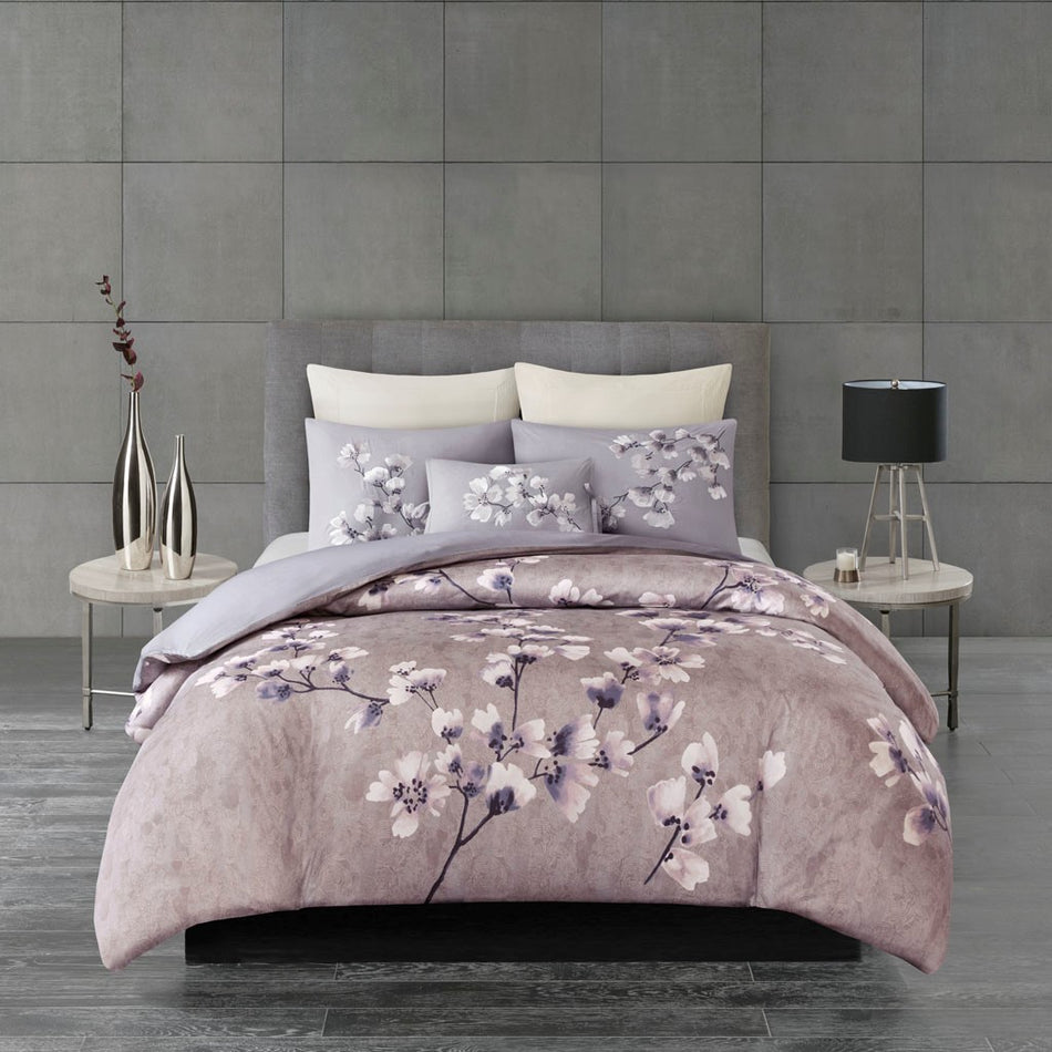Sakura Blossom 3 Piece Cotton Sateen Printed Duvet Cover Set - Lilac - Full Size / Queen Size
