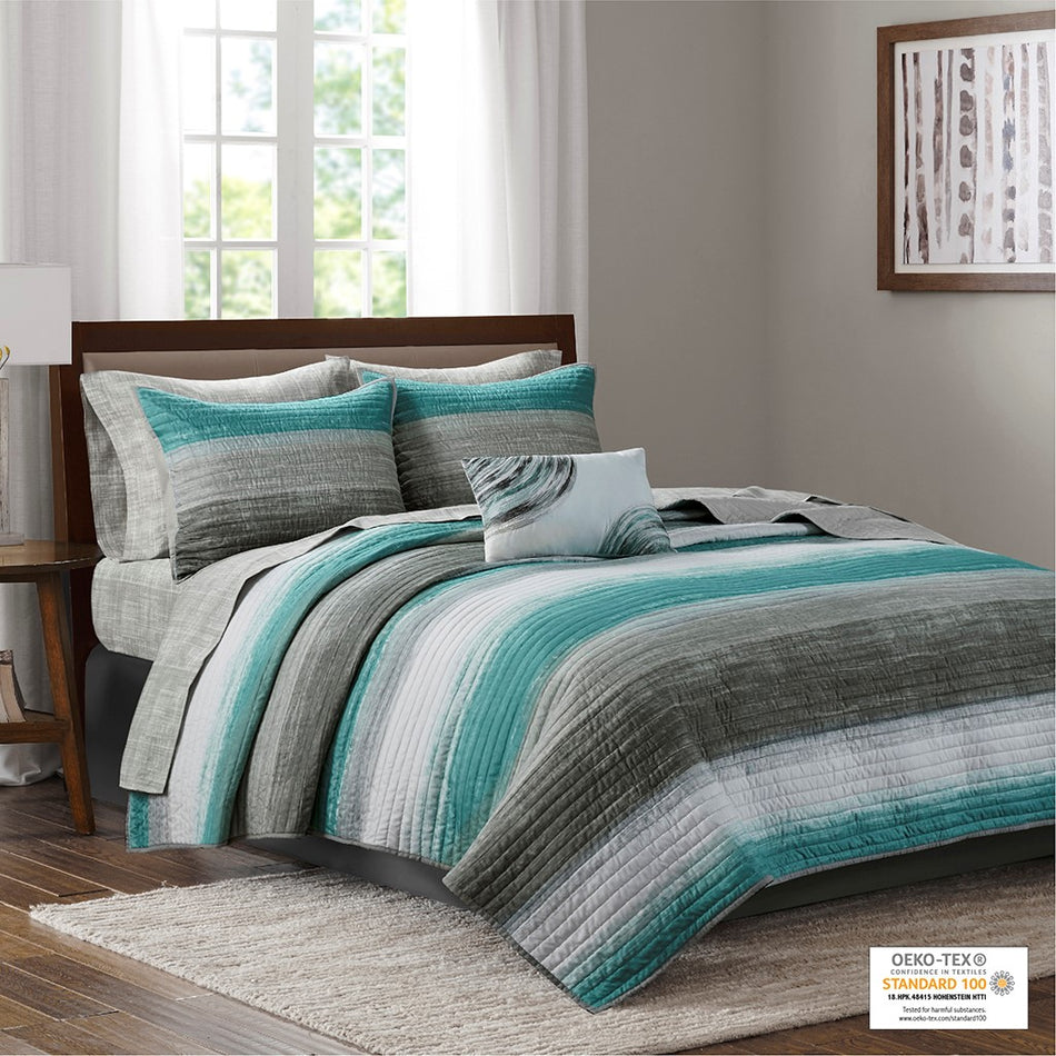 Saben 6 Piece Quilt Set with Cotton Bed Sheets - Aqua - Twin Size