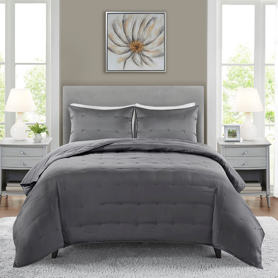 Beautyrest Ames 3 Piece Charmeuse Coverlet set - Grey - Full Size / Queen Size