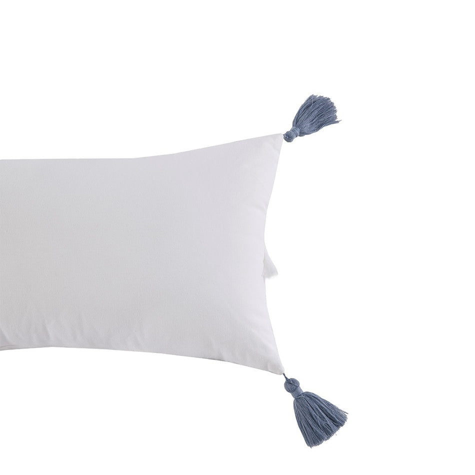 Reva Cotton Oblong Pillow with tassels - Off White / Blue - Oblong