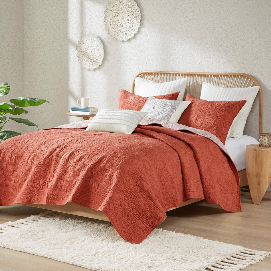 INK+IVY Kandula 3 Piece Reversible Cotton Quilt Set - Coral - King Size / Cal King Size