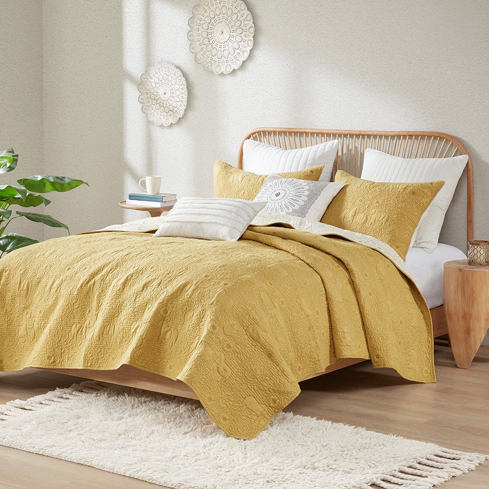 INK+IVY Kandula 3 Piece Reversible Cotton Quilt Set - Yellow - Full Size / Queen Size