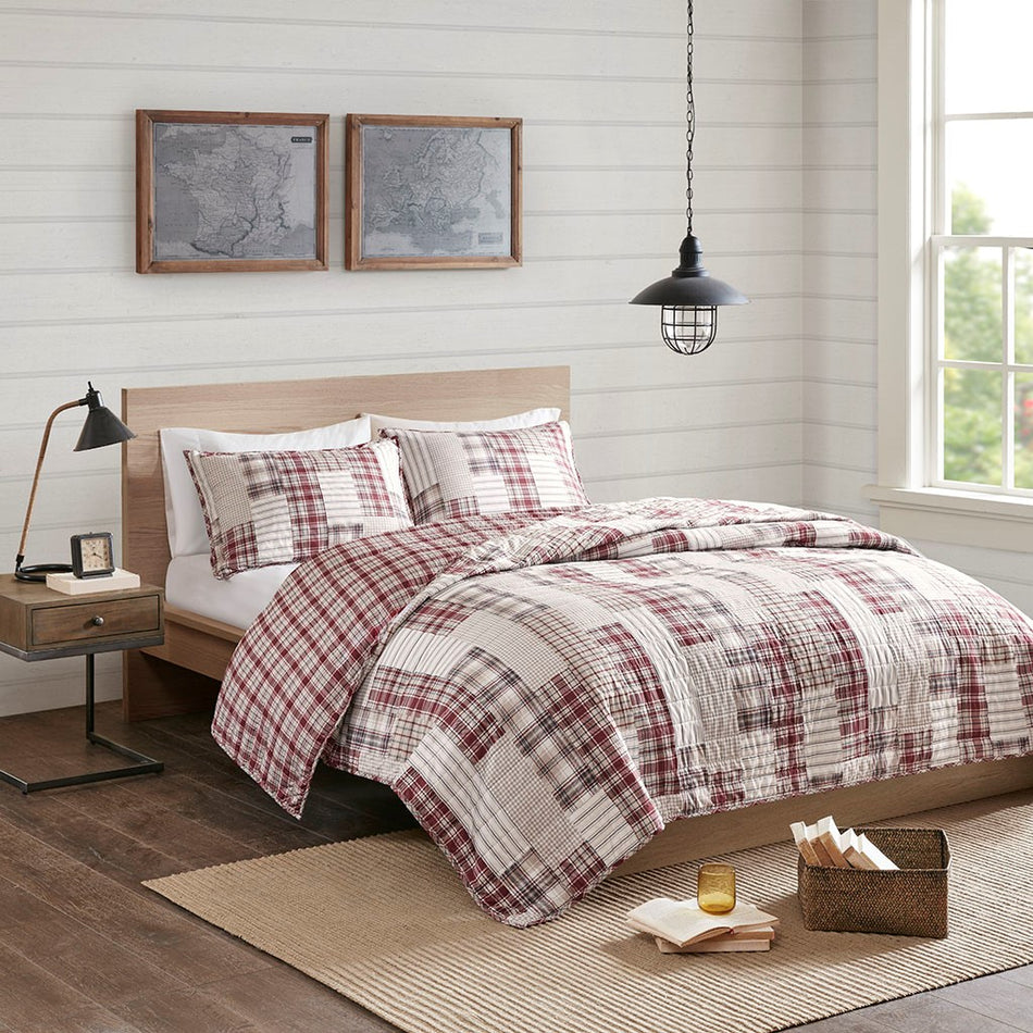 Madison Park Montana 3 Piece Reversible Printed Coverlet Set - Red / Beige - Full Size / Queen Size