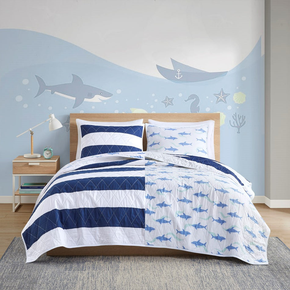 Sammie Cotton Cabana Stripe Reversible Quilt Set with Shark Reverse - Navy - Full Size / Queen Size