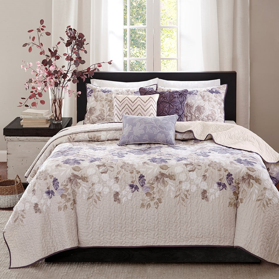 Luna 6 Piece Printed Quilt Set with Throw Pillows - Taupe - Full Size / Queen Size