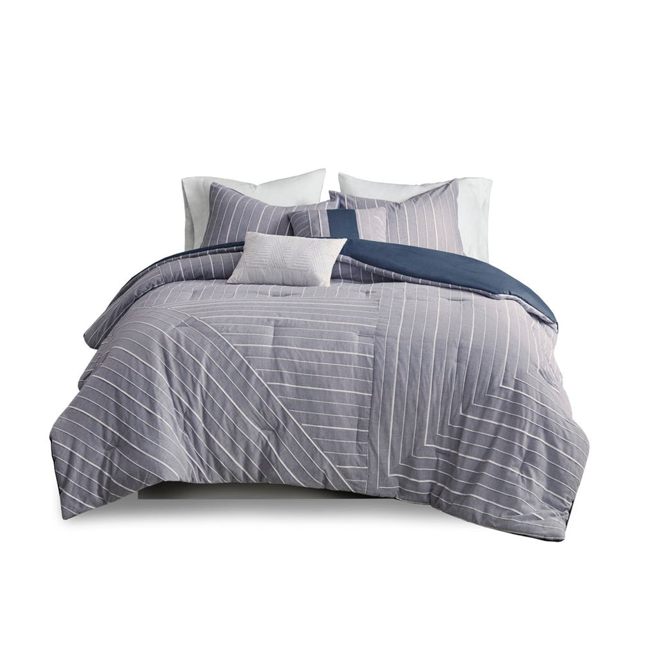Bergen 5 Piece Cotton Rich Comforter Set - Chambray Indigo - Full Size / Queen Size