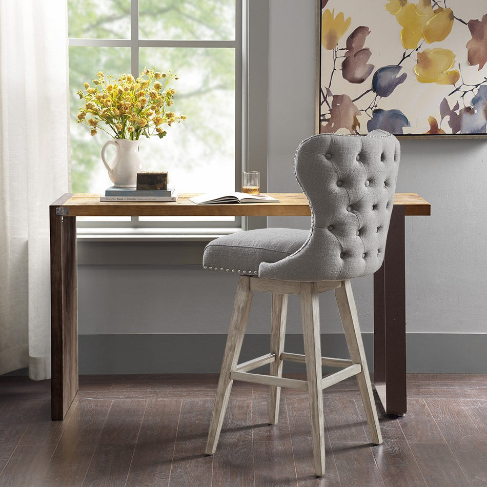 Madison Park Hancock High Wingback Button Tufted Upholstered 30" Swivel Bar Stool with Nailhead Accent - Grey