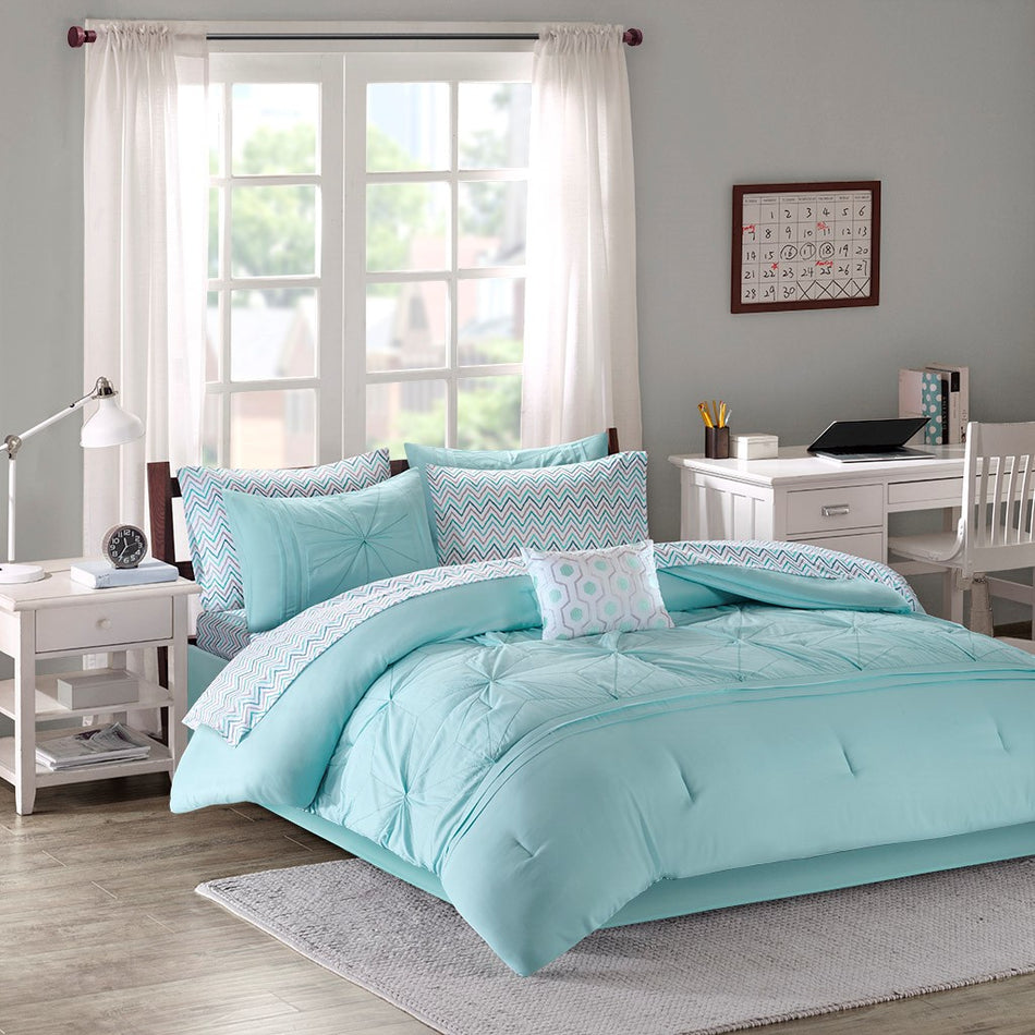 Toren Embroidered Comforter Set with Bed Sheets - Aqua - Queen Size