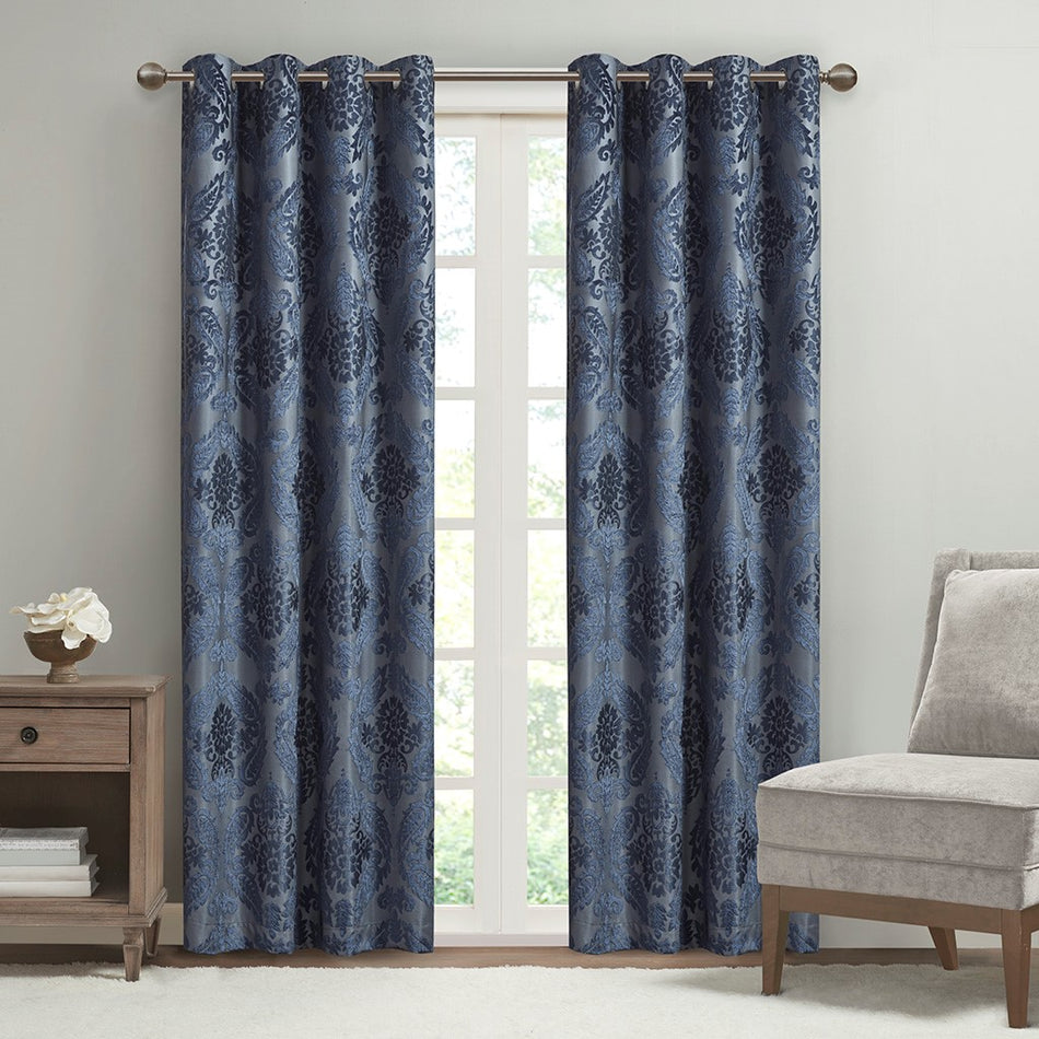SunSmart Amelia Knitted Jacquard Paisley Total Blackout Grommet Top Curtain Panel - Navy - 95" Panel