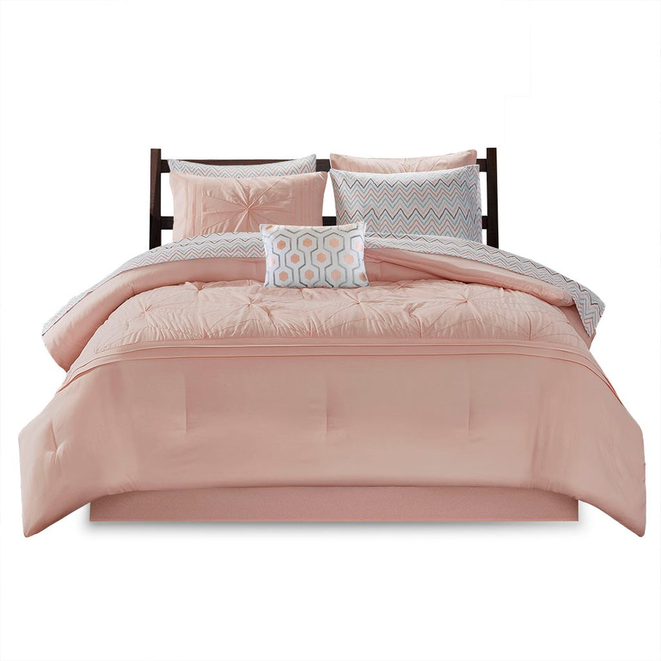 Toren Embroidered Comforter Set with Bed Sheets - Pink - Full Size