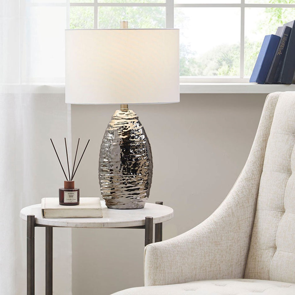 Livy Oval Textured Ceramic Table Lamp - Silver Base / White Shade