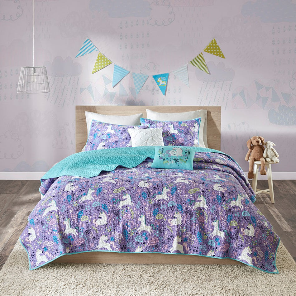 Lola Unicorn Reversible Cotton Quilt Set with Throw Pillows - Purple - Twin Size
