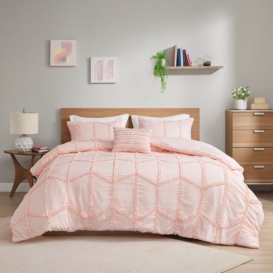 Intelligent Design  Jayla Ruffle Duvet Cover Set - Pink  - Full Size / Queen Size Shop Online & Save - ExpressHomeDirect.com