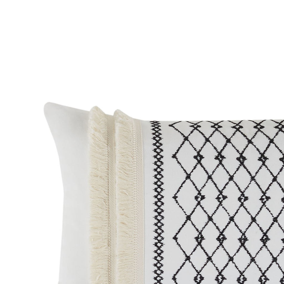 Bea Embroidered Cotton Oblong Pillow with Tassels - Ivory - Oblong