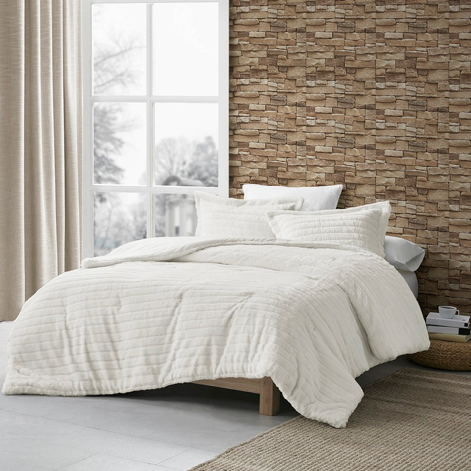 Amara Faux Fur Comforter Set - Ivory - King Size / Cal King Size