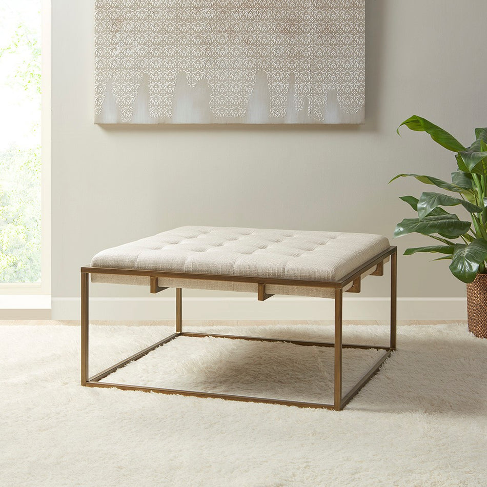 Madison Park Greenwich Square Shape Button-tufted Upholstered Metal Base Ottoman/Coffee Table - Ivory