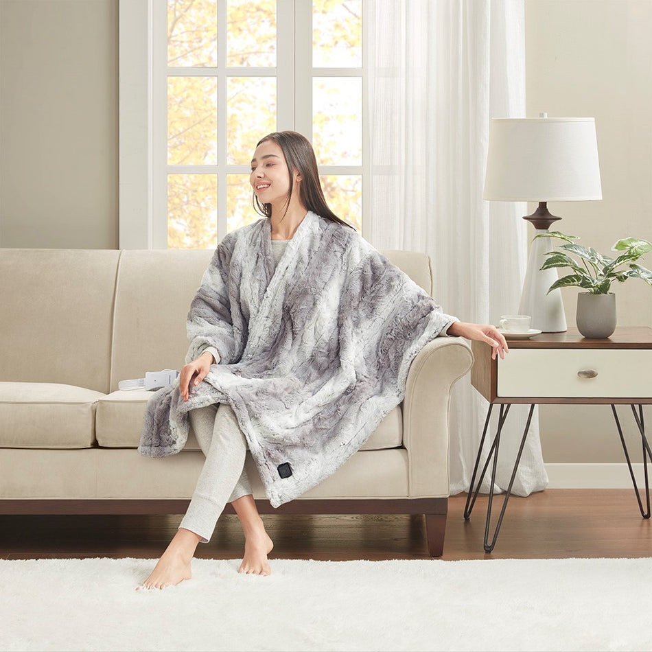 Beautyrest Zuri Faux Fur Heated Wrap with Built-in Controller - Grey  - 50x64" Shop Online & Save - ExpressHomeDirect.com