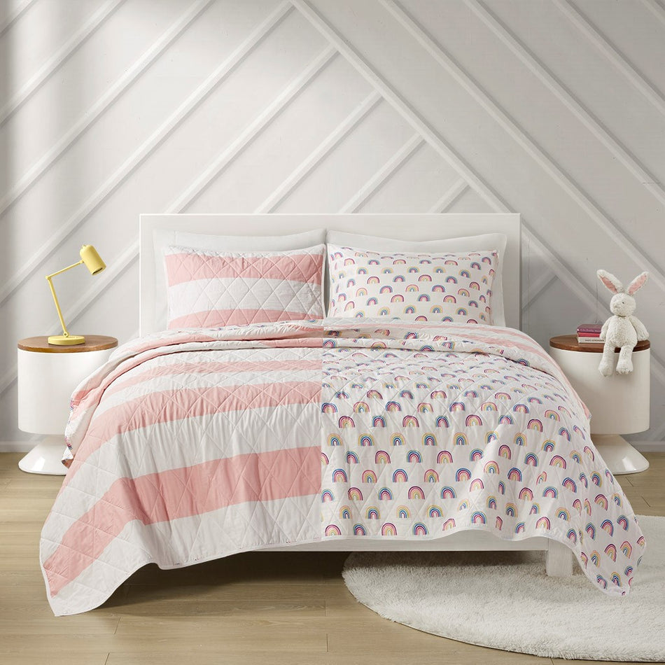 Sammie Cotton Cabana Stripe Reversible Quilt Set with Rainbow Reverse - Pink - Twin Size