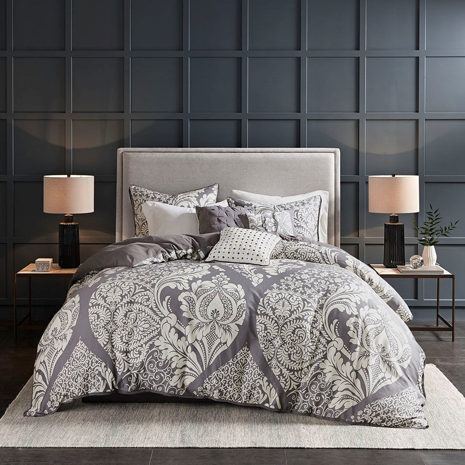 Vienna 6 Piece Printed Duvet Cover Set - Grey - Full Size / Queen Size