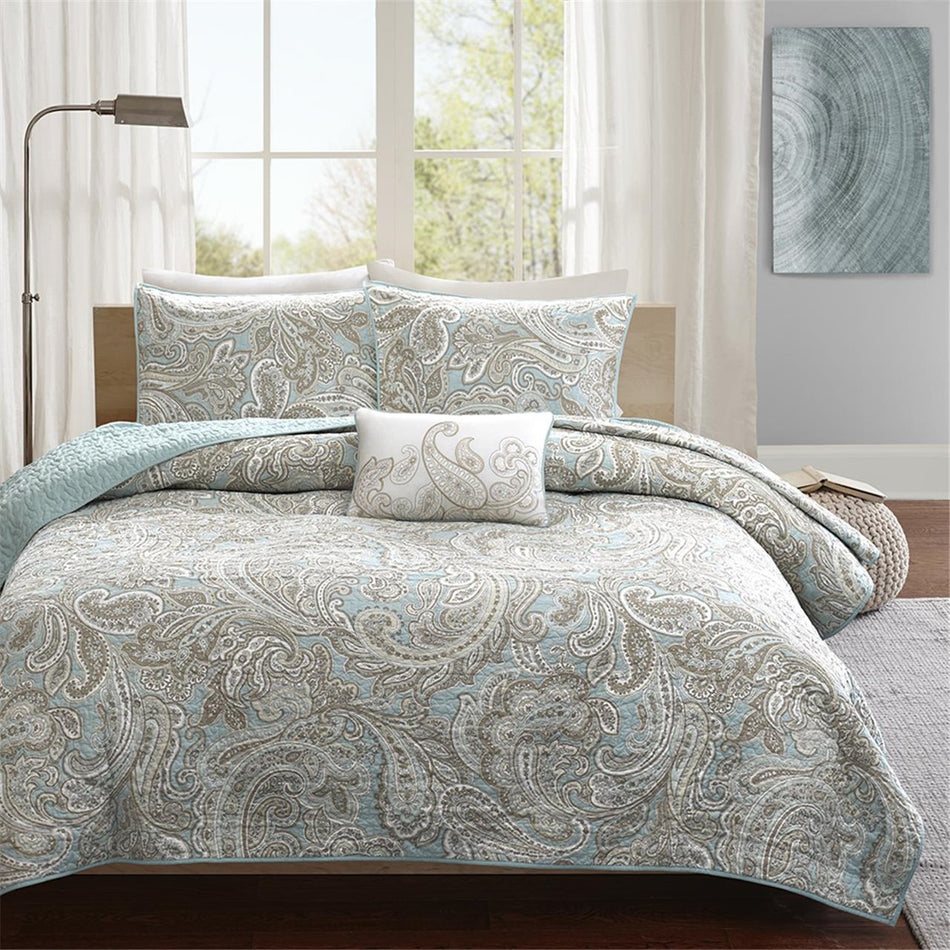 Ronan 4 Piece Cotton Quilt Set with Trhow Pillow - Blue - Full Size / Queen Size