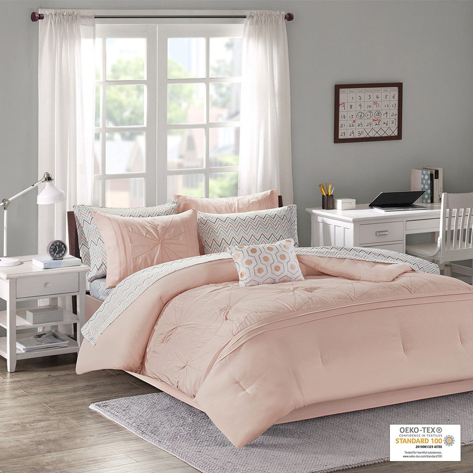 Intelligent Design Toren Embroidered Comforter Set with Bed Sheets - Pink - Full Size