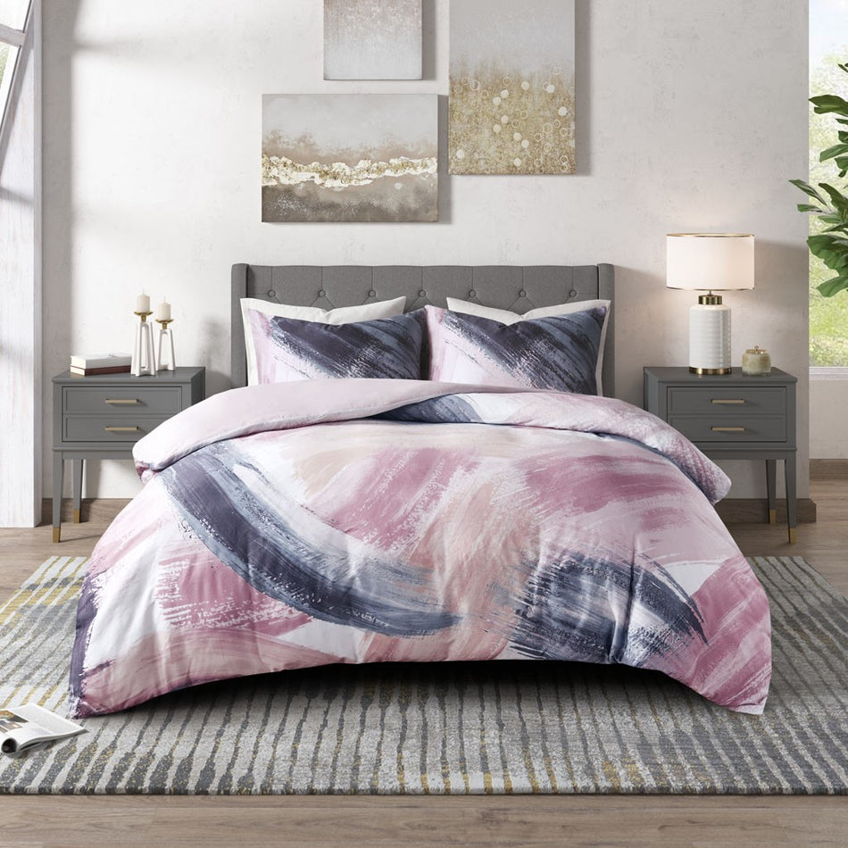Andie Cotton Printed Duvet Cover Set - Blush / Navy - King Size / Cal King Size