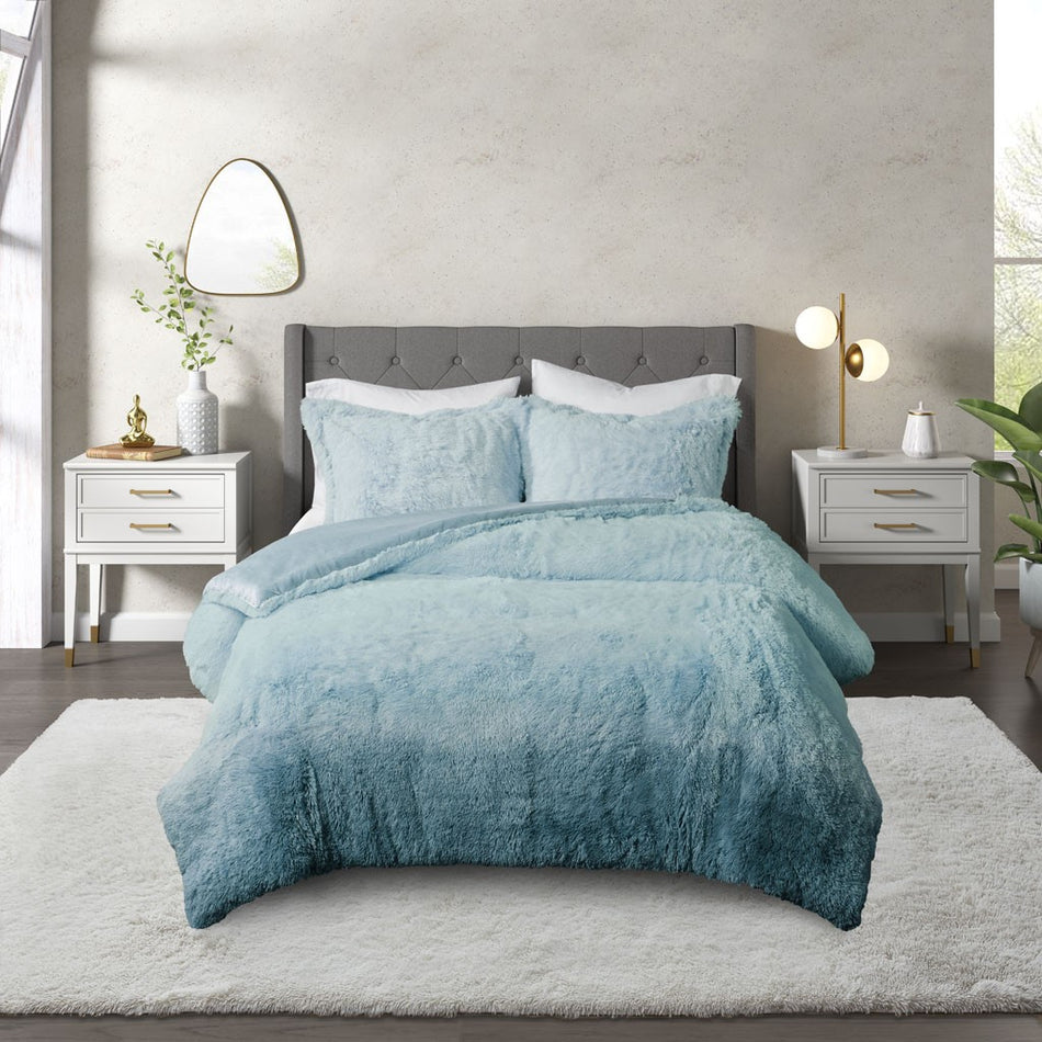 Cleo Ombre Shaggy Fur Comforter Set - Teal - Twin Size / Twin XL Size