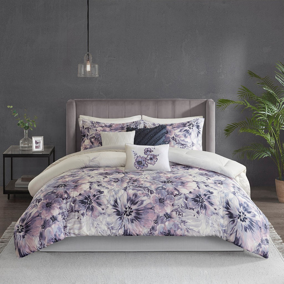 Enza 7 Piece Cotton Printed Comforter Set - Purple - Queen Size