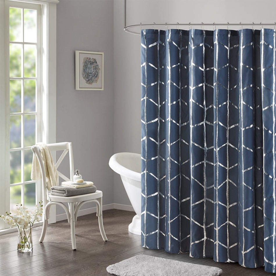 Intelligent Design Raina Printed Metallic Shower Curtain - Navy / Silver - 72x72"