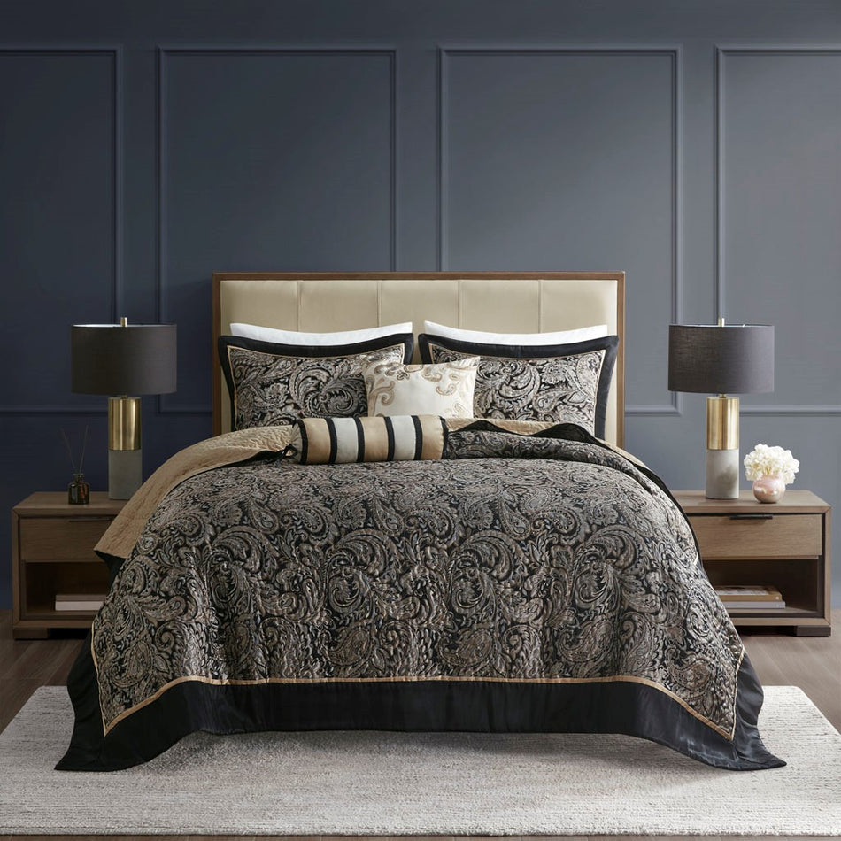 Aubrey 5 Piece Reversible Jacquard Bedspread Set - Black - Queen Size