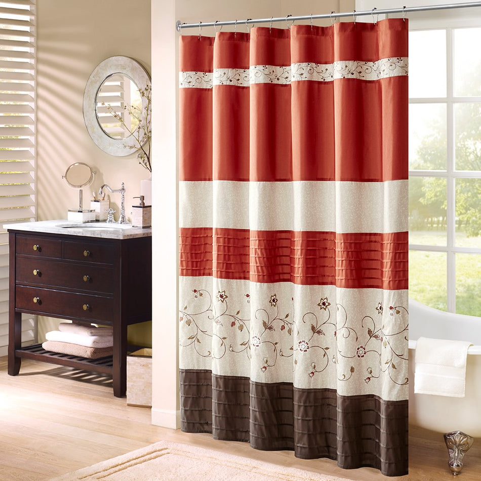 Madison Park Serene Faux Silk Embroidered Floral Shower Curtain - Spice - 72x72"